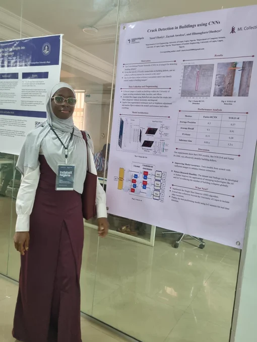 Zainab, standing next to the poster. 
