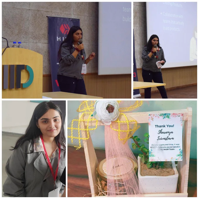Collage of pictures of Sharanya speaking, and the speaker memento given by the GDSC WoW Delhi NCR team 