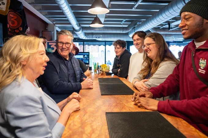 Deborah Meaden and Keir Starmer speaking to people at Brewery