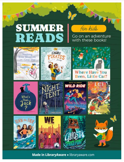 A summer reading flyer featuring covers of 10 books for children, and a fox reading.