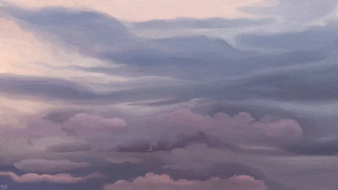 Digital painting of a cloudy sky, dark grey with faded pink tones, and yellow in the highlights.