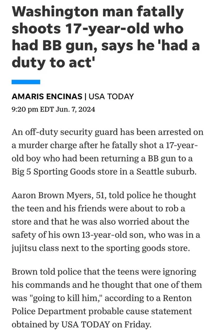 Washington man fatally shoots 17 year old who had BB gun, says he had a duty to act