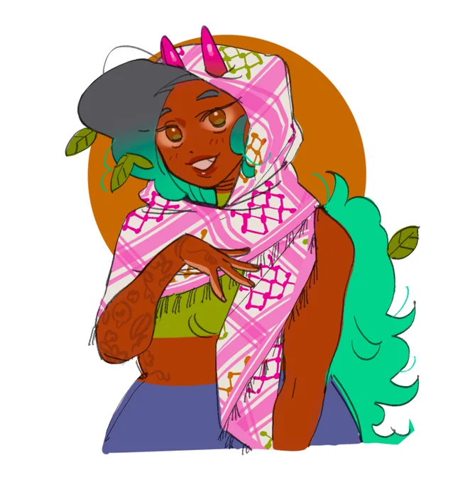 Samar, the main character from the game Spirit Swap: Lofi Beats to Match-3 to, wearing a keffiyeh and smiling