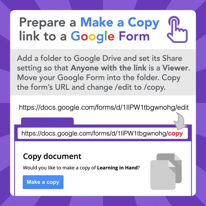 Add a folder to Google Drive and set its Share setting so that Anyone with the link is a Viewer. Move your Google Form into the folder. Copy the form’s URL and change /edit to /copy.
