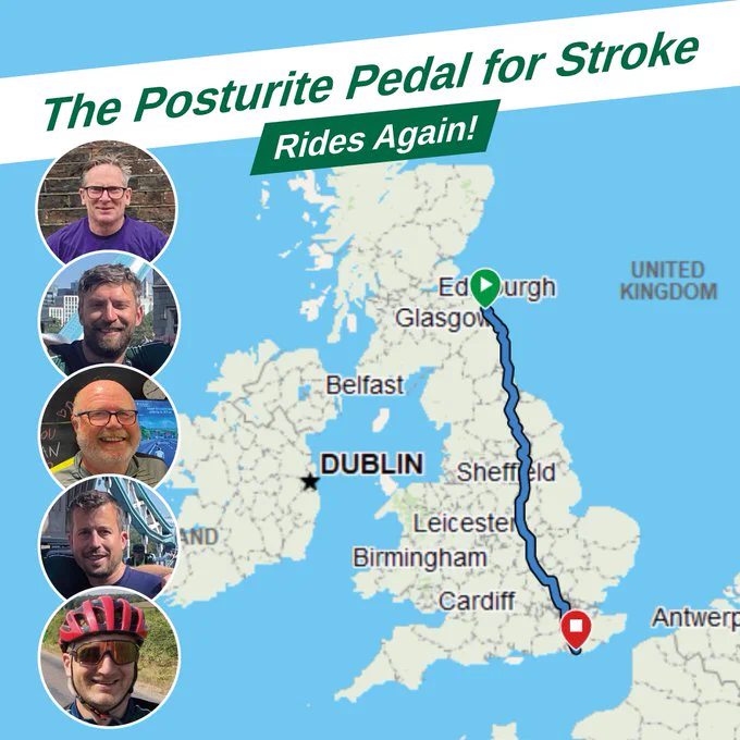 Map showing a route from Berwick-upon-Tweed to Berwick in Sussex labeled "The Posturite Pedal for Stroke, Rides Again!" with headshots of six individual cyclists.