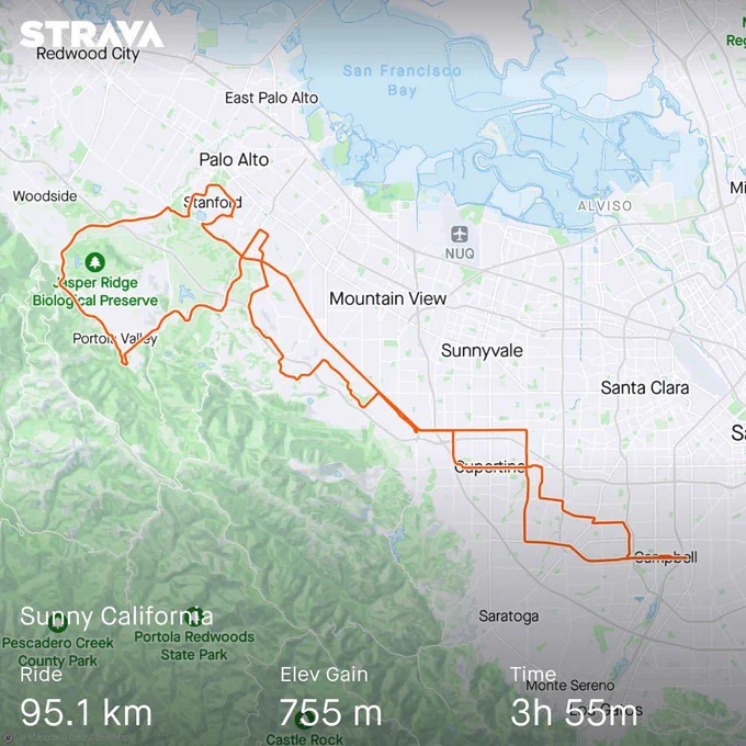 Strava map showing the bike route, which started in Campbell went to Stanfort and Jasper Ridge preserve and then back