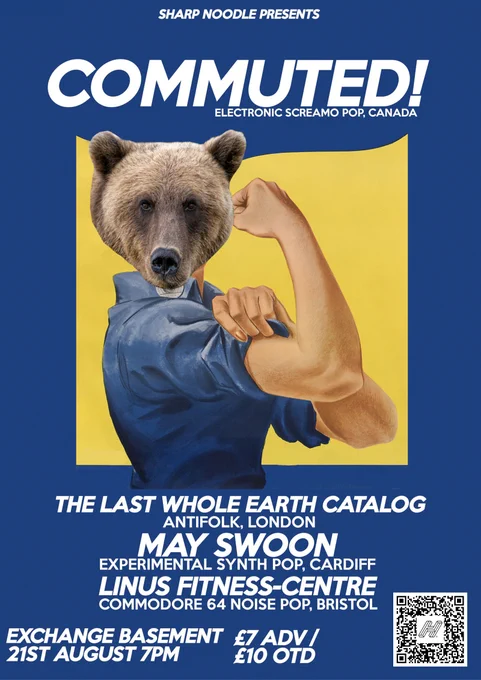 a flexing woman with a bear head. a flyer for a music event