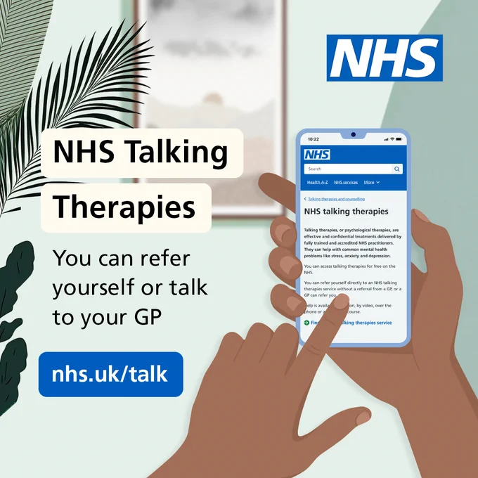 Illustration of a mobile phone, where the person is viewing the NHS Talking Therapies webpage on the NHS website.

The text reads "NHS Talking Therapies. You can refer yourself or talk to your GP. nhs.uk/talk."

The NHS logo is in the top right hand corner.