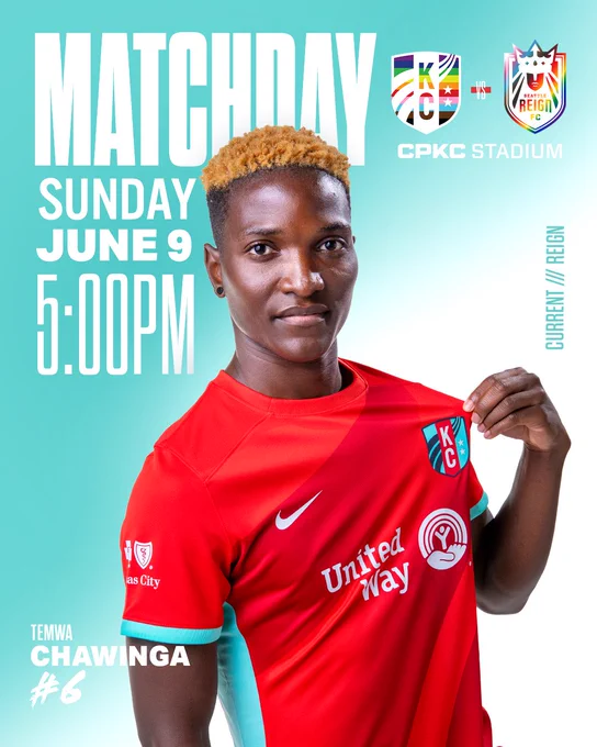 “Matchday” graphic with a photo of Chawinga in the primary kit. KC Current vs. Seattle Reign FC today, June 9 at 5PM CT at CPKC Stadium.