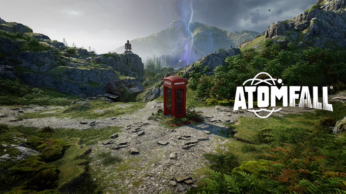 A British landscape with greenery and rolling hills. A power plant appears in the background with a lightening bolt striking it. A mysterious construction in the shape of a figure is also visible, above a dilapidated house. The white Atomfall logo is clearly visible, alongside an old fashioned red Telephone Box which appears front and centre. 
