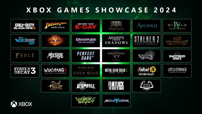 Headline reads: “Xbox Games Showcase 2024” Underneath are 30 game logos: Call of Duty: Black Ops 6. Indiana Jones and the Great Circle. Gears of War: E-Day. DOOM: The Dark Ages. Avowed. Diablo IV: Vessel of Hatred. Microsoft Flight Simulator 2024. World of Warcraft: The War Within. Dragon Age: The Veilguard. Assassin’s Creed Shadows. S.T.A.L.K.E.R. 2: Heart of Chornobyl. Age of Mythology: Retold. Fable. Mixtape. Perfect Dark. Clair Obscur: Expedition 33. South of Midnight. Starfield Shattered Space. State of Decay 3. WUCHANG: Fallen Feathers. The Elder Scrolls Online: Gold Road. Metal Gear Solid ∆: Snake Eater. Fallout 76: Skyline Valley. Life is Strange: Double Exposure. Sea of Thieves. ATOMFALL. Flintlock: The Siege of Dawn. Winter Burrow. FragPunk. Mecha BREAK.