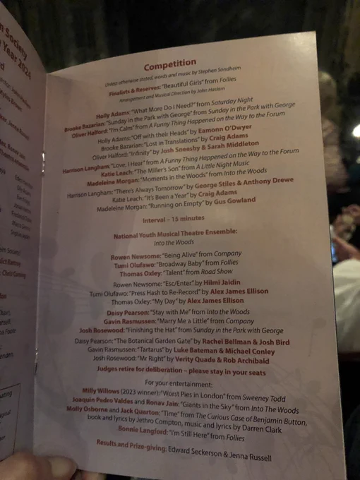 SSSSPOTY concert line-up - 12 ultra talented performers, 12 songs from new musicals (including The Botanical Garden Gate), loads of Sondheim songs.