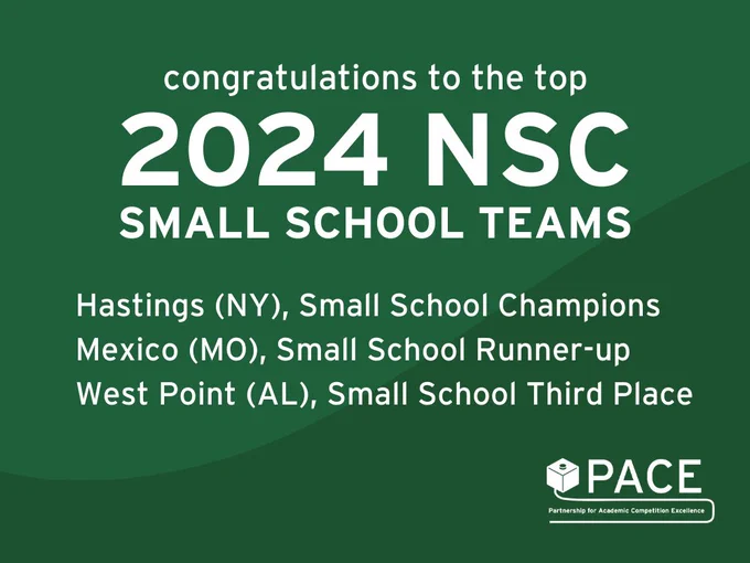 Congratulations to the top 2024 NSC small school teams. Hastings (NY): Small School champions. Mexico (MO), small school runner-up. West Point (AL), small school third place.