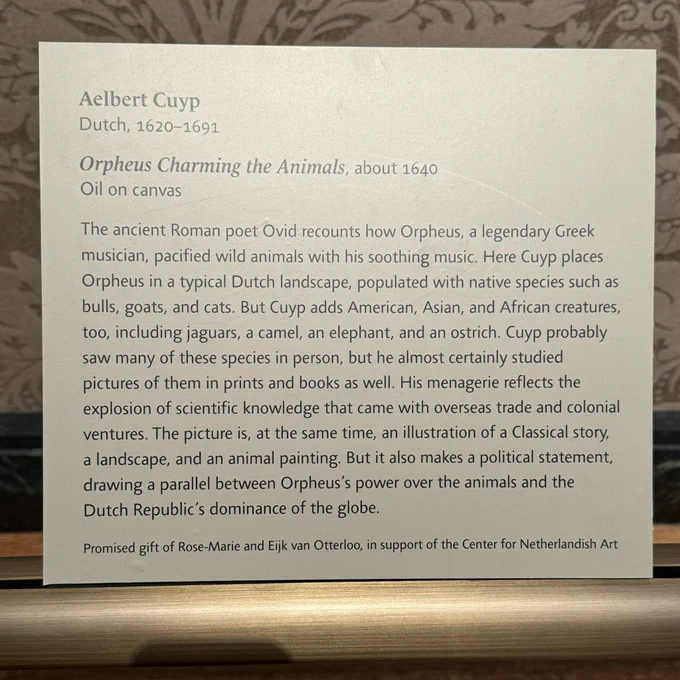 gallery label:
“The ancient Roman poet Ovid recounts how Orpheus, a legendary Greek musician, pacified wild animals with his soothing music. Here Cuyp places Orpheus in a typical Dutch landscape, populated with native species such as bulls, goats, and cats. But Cuyp adds American, Asian, and African creatures, too, including jaguars, a camel, an elephant, and an ostrich. Cuyp probably saw many of these species in person, but he almost certainly studied pictures of them in prints and books as well. His menagerie reflects the explosion of scientific knowledge that came with overseas trade and colonial ventures. The picture is, at the same time, an illustration of a Classical story, a landscape, and an animal painting. But it also makes a political statement, drawing a parallel between Orpheus's power over the animals and the Dutch Republic's dominance of the globe.”
