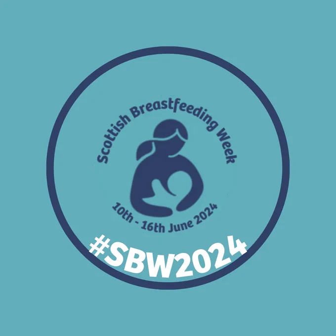 Scottish Breastfeeding Week Logo. 10th - 16th June 2024 #SBW2024. Outline image of lady breastfeeding baby.