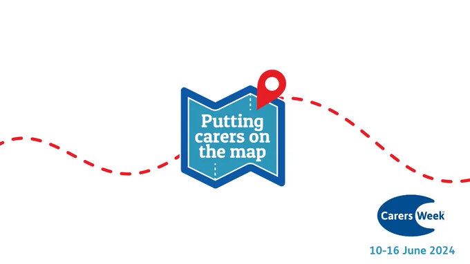 Blue map outline. Text reads: Putting carers on the map. Carers Week 10-16 June

