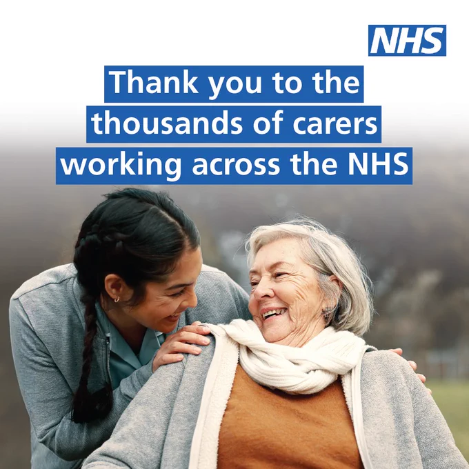 An image of a young woman and an elderly woman smiling at each other with the text: Thank you to the thousands of carers working across the NHS. 
