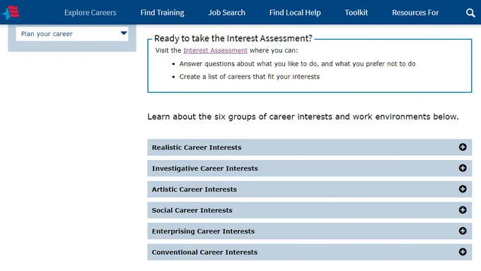 Screen shot of CareerOneStop's free interest assessment page