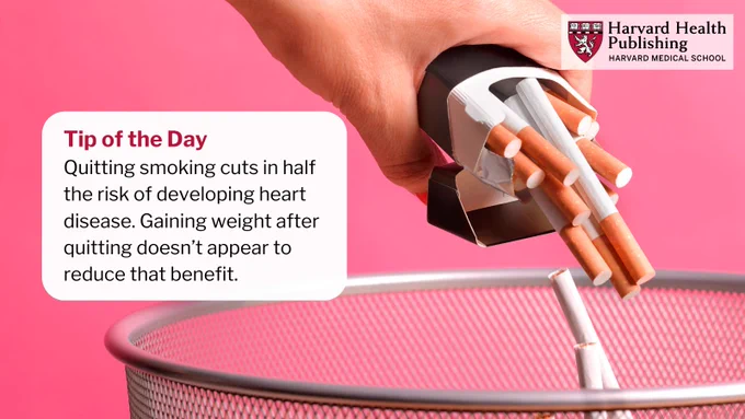 Benefits of quitting smoking offset weight gain: Quitting smoking cuts in half the risk of developing heart disease. Gaining weight after quitting doesn’t appear to reduce that benefit. 