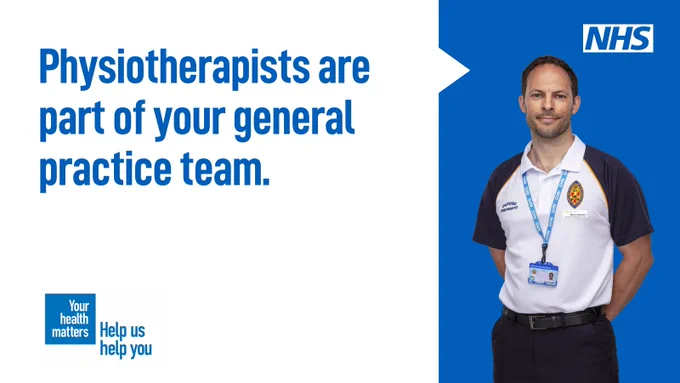 A picture of a physiotherapist wearing an NHS Badge. The words read: physiotherapists are part of your general practice team.