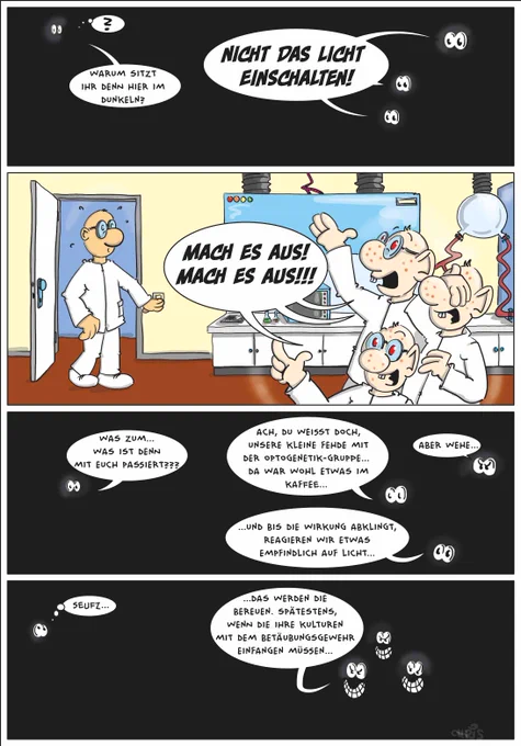 Labor-Comic, der einen Zwist zwischen einer Bakterien- und einer benachbarten Optogenetik-Arbeitsgruppe persifliert.