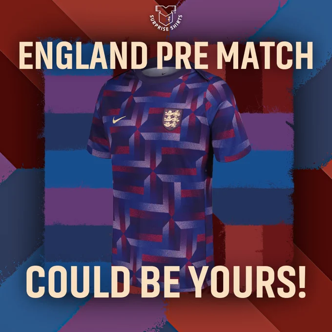 A purple, red and blue graphic background inspired by the linear pattern of the same style seen on the England 2024 pre match shirt. The shirt sits in the centre of the image whilst pale gold text reads 'England Pre Match could be yours!'