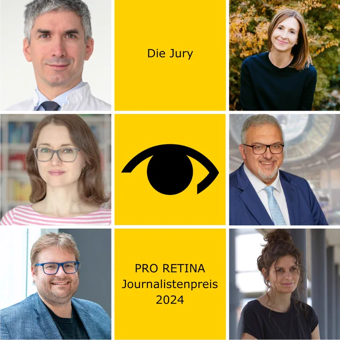 die Porträts der 6 Juoren sind auf 6 Kacheln aufgeteilt: Oben links ist ein Foto von Prof. Dr. Dr. Peter Charbel Issa (er hat graue Haare), darunter ist Anke Christians (Sie hat rotbraunes, schulterlages Haar), darunter ist Dr. Dennis Ballwieser (er hat blonde Haare, trägt eine Brille), rechts oben ist Jessica Braun (Sie hat braune, mitellange Haare), darunter ist Erich Irlsdorfer (er hat graues Haar, trägt eine Brille), darunter ist Vespa Vasic (Sie hat ihre braunen Haare zu einem Messydutt hochgebunden). Die drei Felder in der Mitte sind gelb unterlegt: Auf dem obersten steht: Die Jury in schwarzer Schrift, in dem Feld darunter ist das Logo der PRO RETINA und im untersten Feld steht PRO RETINA Journalistenpreis 2024 ebenfalls in schwarzer Schrift.