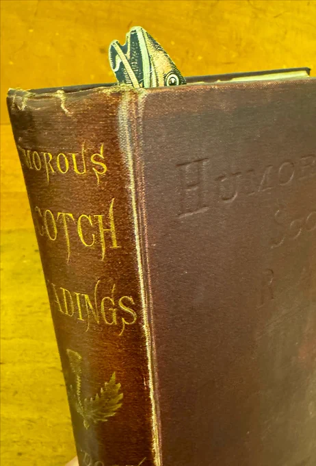 a photo of a view of a book with a tiny paper fish face peering out the top of book