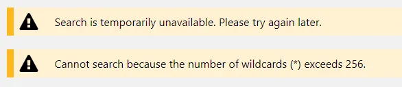 screenshot of PubMed error messages: "Search is temporarily unavailable. Please try again later." and "Cannot search because the number of wildcards (*) exceeds 256."