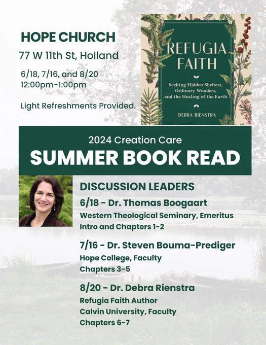 Refugia (reh-FU-jee-ah) is a biological term describing places of shelter where life endures in times of crisis, such as a volcanic eruption, fire, or stressed climate. Ideally, these refugia endure, expand, and connect so that new life emerges. Debra Rienstra applies this concept to human culture and faith, asking, In this era of ecological devastation, how can Christians become people of refugia? How can we find and nurture these refugia, not only in the biomes of the earth, but in our human cultural systems and in our spiritual lives? How can we apply all our love and creativity to this task as never before?