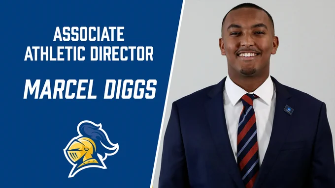 headshot of Marcel Diggs with text that reads, "Associate Athletic Director"