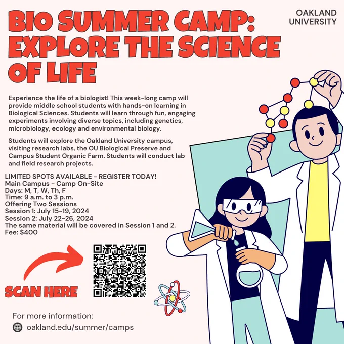 OU BIO summer camp: explore the science of life flyer with QR code for registration.