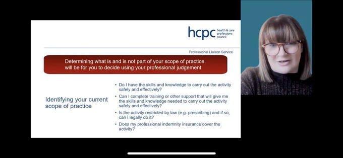Screenshot from the #myHCPCstandards webinar on introducing the revised standards of conduct, performance and ethics and exploring your scope of practice. The presentation onscreen shows a Fiona Campbell presenting and a screen about identifying your scope of practice.