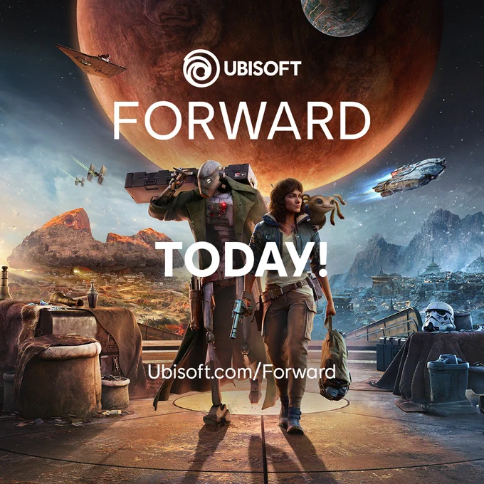 Text reads: 'Ubisoft Forward - Today! - Ubisoft.com/Forward'. 
Kay Vess with Nix on her shoulder and the droid ND-5 carry gear across a metallic platform, ships zooming across the sky in front of a large reddish planet and a smaller planet orbiting it. The left of the image shows a red, rocky landscape during the day while the right shows a blue, mountainous landscape at night.