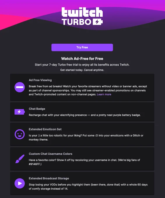 Twitch Turbo landing page with a new 7-day free trial.