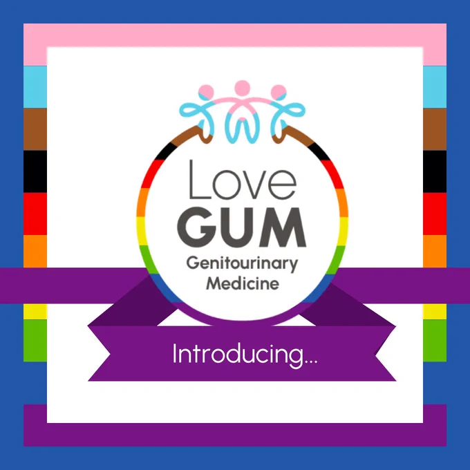 Logo for "Love GUM Genitourinary Medicine" featuring a rainbow circle and silhouettes of people, with a purple ribbon below containing the text "Introducing...".