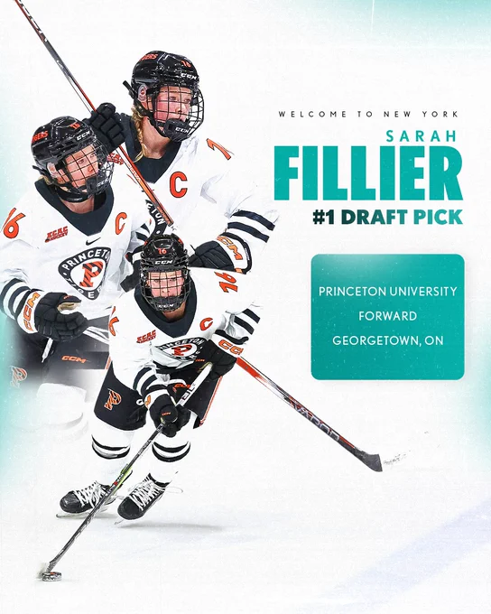 PWHL New York graphic for the first overall pick in the 2024 PWHL Draft. It features 3 cut outs of Sarah Fillier and includes her name, school, position, round and pick number and her signature. It reads:
Welcome to New York Sarah Fillier
# 1 Draft pick
Princeton University 
Forward 
Georgetown, ON