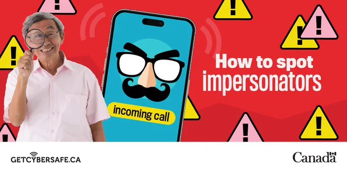 Image text: How to spot impersonators. Incoming call.

Alt text: Older adult with a magnifying glass