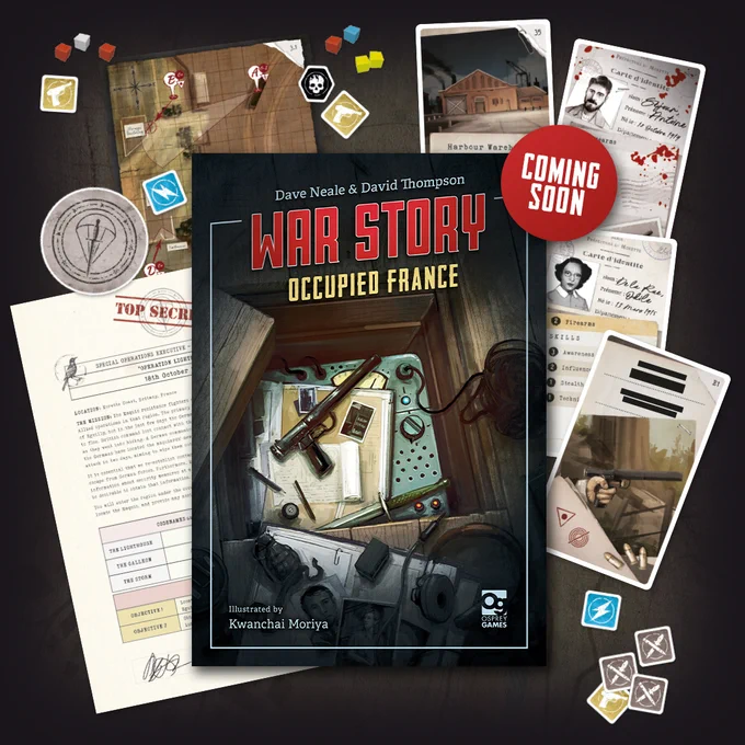 An image with the cover of the board game War Story: Occupied France, with art depicting a stash of WW2 weaponry and espionage equipment under a loose floorboard. Behind it is an array of game components including a mission briefing, various cards and a range of tokens, all against a black background. A sticker reads: "COMING SOON".