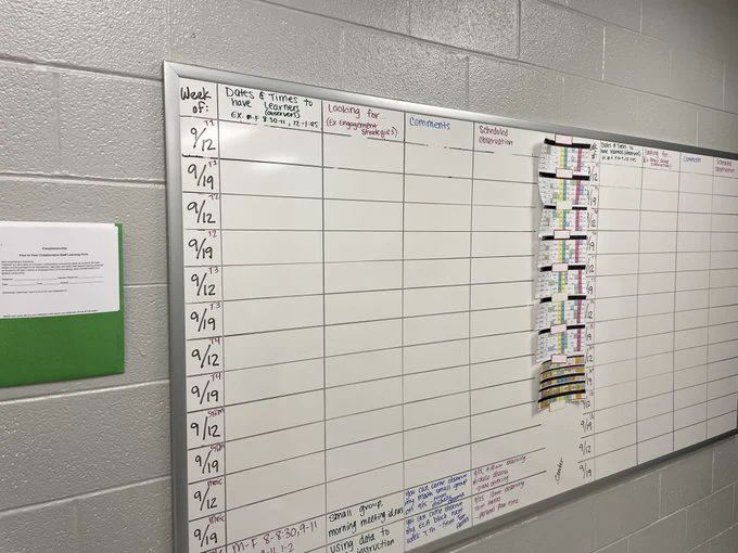 A whiteboard with lines to turn it into a grid. In the left column are dates, and the rows contain spaces for teachers to sign up for peer observation.