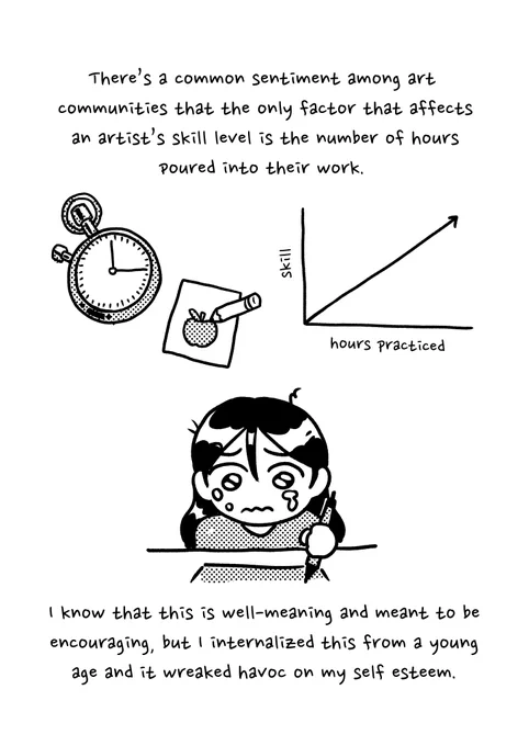 There's a common sentiment among art communities that the only factor that affects an artist's skill is the number of hours poured into their work. Illustration of a stopwatch, a pencil drawing an apple on a sheet  of paper, and a straight graph depicting hours practiced to skill. I know that this is well-meaning and meant to be encouraging, but I internalized this from a young age and it wreaked havoc on my self-esteem. Drawing of me, young, crying while drawing.