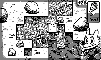WIP on a Playdate game about digging up dinosaurs. You can see multiple layers being dug up with a shovel and a drill, while a cute dog-like character cheers you on