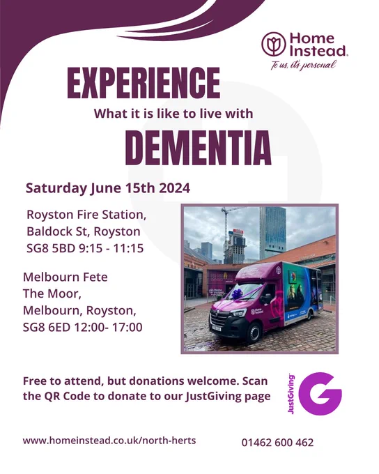 Come experience what it is like to have dementia, Saturday 15th June 2024 at Royston Fire Station and Melbourne Fete.