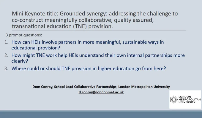 Slide presented at #ALDcon24 by Dom Conroy – London Metropolitan University  ~ Grounded synergy: addressing the challenge to co-construct meaningfully collaborative, quality assured, transnational education (TNE) provision.