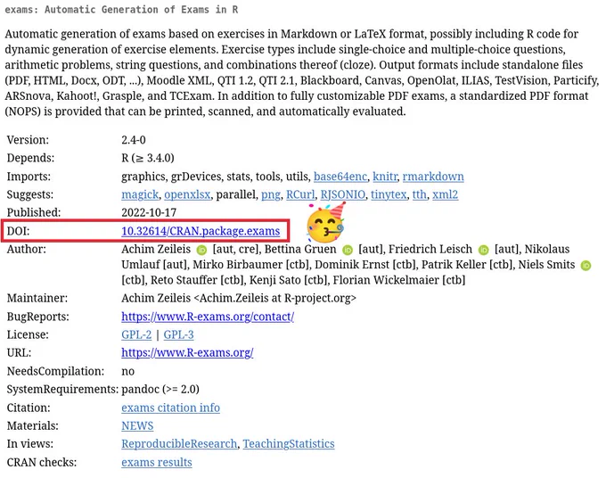 Screenshot from https://CRAN.R-project.org/package=exams - the CRAN landing page for R package "exams".

This page now includes the DOI 10.32614/CRAN.package.exams