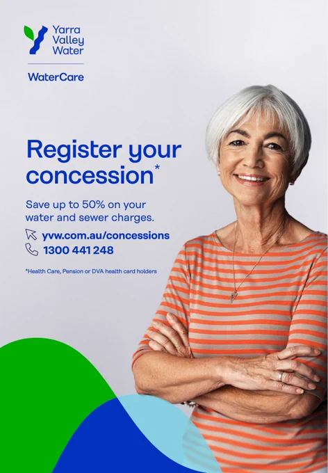 Promotional poster by Yarra Valley Water featuring a person with short gray hair smiling, dressed in a green shirt with arms folded. The poster includes text that reads "Register your concession", "Save up to 50% on your water charges. Call 1300 441 248" and "Health Care, Pension or DVA health card holders." The background is light blue with the Yarra Valley Water logo at the top.