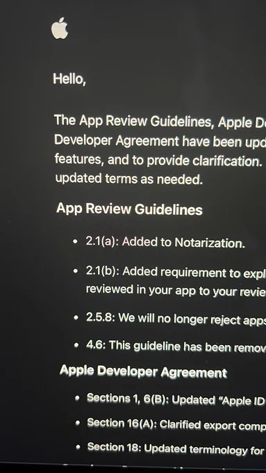 Preview of Apples email notifying you of their changes to app review and agreements