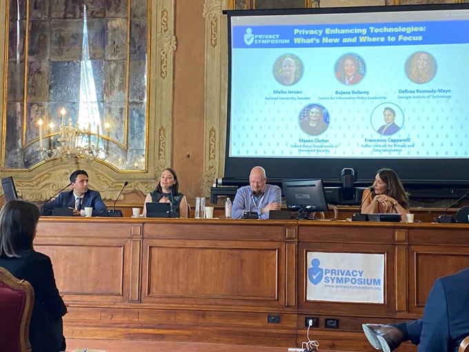 DHS Chief Privacy Officer Mason Clutter discusses the Department's work to implement privacy enhancing technologies to meet operational needs during a panel discussion at the 2024 Privacy Symposium in Venice, Italy,
