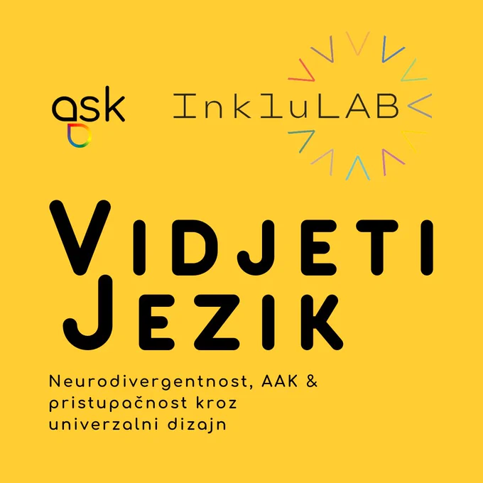 Na žutoj pozadini nalaze se logotipovi udruge ASK i InkluLAB projekta. Tekst na vizualu kaže Vidjeti Jezik Neurodivergentnost, AAK i pristupačnost kroz univerzalni dizajn. 