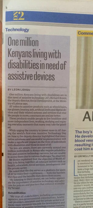 image of daily newspaper cut out with heading reading one million Kenyans living with disabilities in need of assistive devices